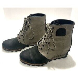 Sorel PDX Wedge Boots  Black Leather Gray Canvas Women's Size US 9.5